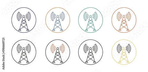 Telecommunication tower line icons in colored circles representing wireless internet and radio signal broadcasting