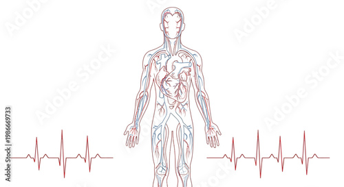 Human cardiovascular system anatomical line illustration showing heart veins and arteries with heartbeat electrocardiogram