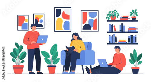 People working and reading in a cozy living room setting.