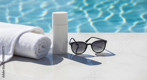 Sunglasses, sunscreen, and towel by pool, summer vacation setup, beach relaxation scene