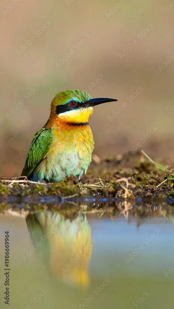 Obraz premium A vibrant bird with green, yellow, and orange feathers perches on a muddy ground