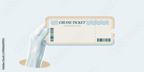 Collage concept with human halftone hand holding cruise ticket. Blank boarding pass template in vintage retro style with copy space. Travel vector illustration