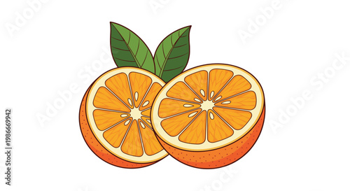 Two halves of a fresh juicy orange with green leaves isolated on a white background showing the pulp and citrus segments.