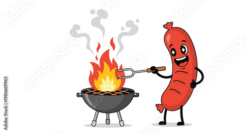 Grinning cartoon sausage character holding a fork and grilling itself over a small charcoal barbecue with flames and smoke.