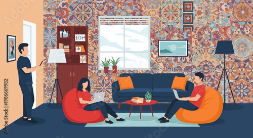 People relaxing in a modern living room.