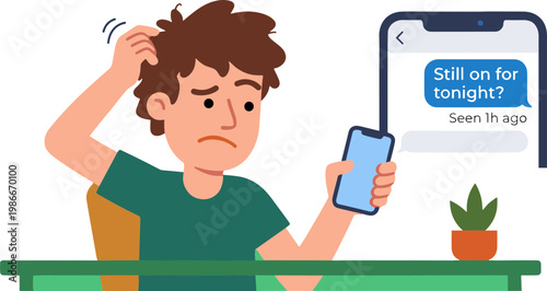 Man sits at table looking worried while checking phone with plant nearby