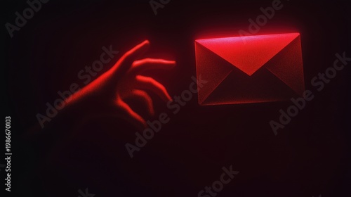 Red hand reaching for glowing email envelope phishing scam threat, social engineering