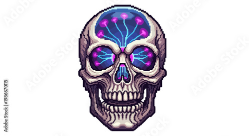 Futuristic Skull with Glowing Brain and Neural Network.