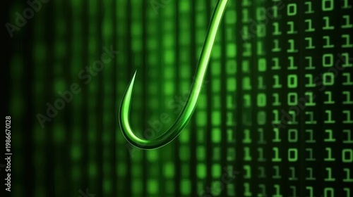 Green fishing hook binary code digital phishing attack social engineering, cyber scam