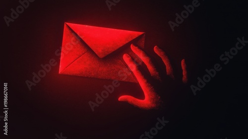Phishing email, glowing red malicious link, hand reaching, dark background