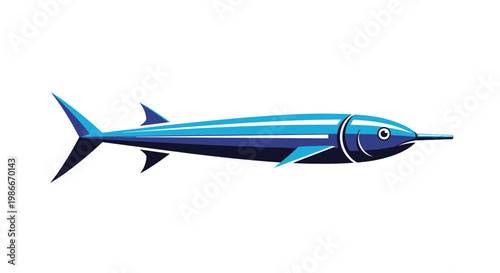 Sleek blue swordfish or marlin illustration with sharp features and a long bill swimming through a white space for ocean themes.