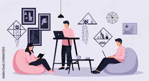 People working in a modern co-working space.