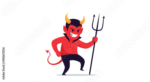 Grinning red devil character with horns and a pointed tail holding a black pitchfork, isolated on a clean white background.