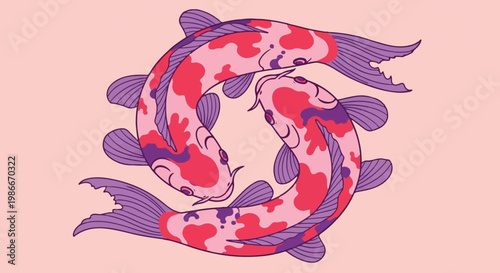 Vibrant pink and purple koi fish swimming in a circular motion on light pink background