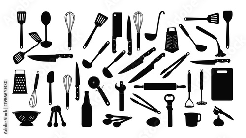 A collection of black silhouette kitchen utensils including knives spoons whisks and graters high quality professional