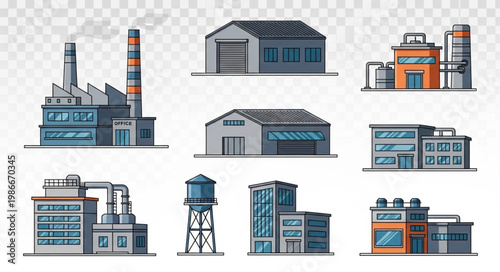 Collection of Pixel Art Industrial Buildings and Structures.