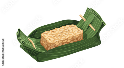 Traditional fermented soybean cake known as tempeh wrapped in a green banana leaf boat, isolated on a clean white background.
