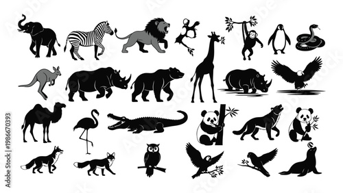 A collection of diverse animal silhouettes including mammals birds and reptiles arranged in a horizontal line