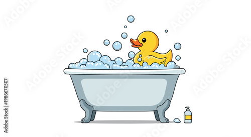 Classic yellow rubber duck floating in a white clawfoot bathtub filled with blue bubbles and soap suds for a fun bath time theme.