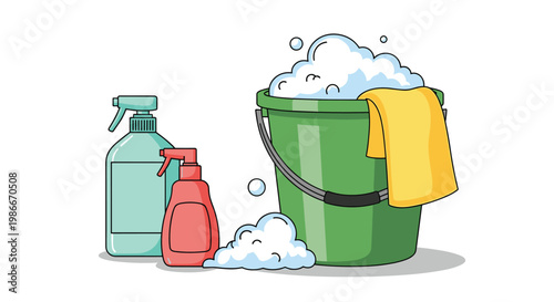 Green cleaning bucket filled with soapy suds and a yellow cloth next to two spray bottles on a clean white background.