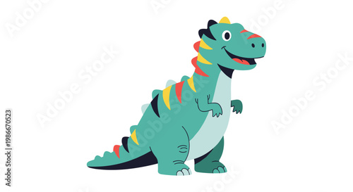Friendly green dinosaur character with yellow and red spikes on its back walking happily against a plain white background.