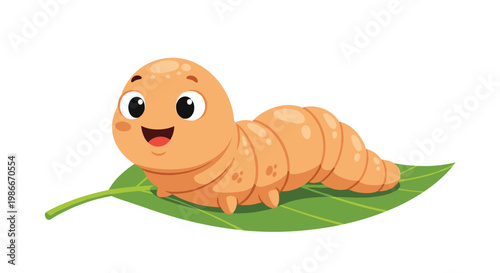 Cute orange caterpillar with a happy face crawling on a green leaf, isolated on a white background for nature and garden themes.