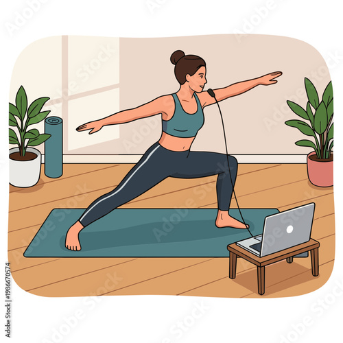 Woman practices yoga on a mat in a room with a laptop