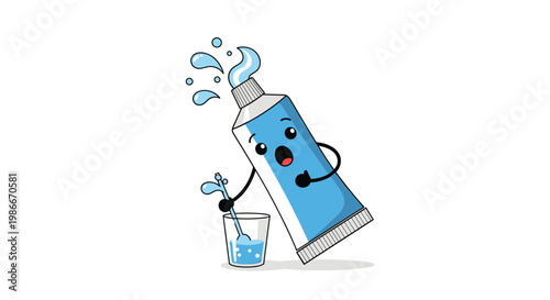 Surprised blue toothpaste tube character squeezing out a dollop of white paste into a small glass of water with bubbles.