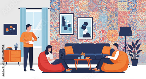 People Relaxing in a Modern Living Room.