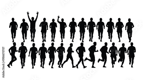 A large group of silhouetted figures are depicted running with one person raising their arms in victory