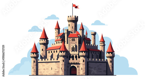 Majestic medieval castle with red-roofed towers and central keep stands against a soft blue sky with fluffy white clouds in pixel art style.