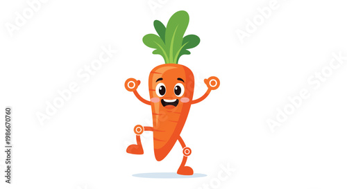 Vibrant orange carrot character with a joyful expression and green leafy top poses energetically with arms and legs in a cartoon illustration.