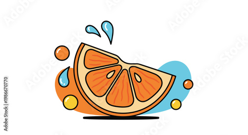 Refreshing slice of orange with blue water splashes and decorative bubbles around it represents freshness and citrus juice concepts.