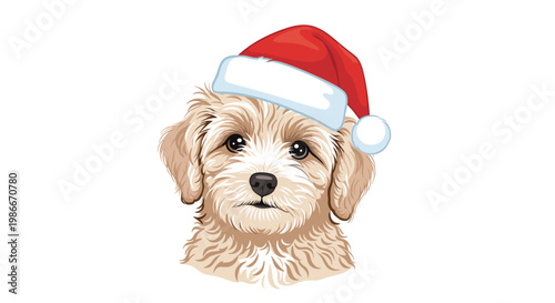 Adorable light-colored puppy wearing a red and white Santa Claus hat looks directly at the camera in a festive holiday-themed illustration.