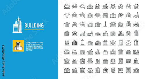 Collection of various building icons in black and white