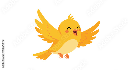 Cheerful little yellow bird flies with its wings spread wide and a happy expression on its face in a bright cartoon illustration.