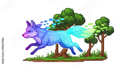 Magical Rainbow Fox Running Through Lush Green Forest.