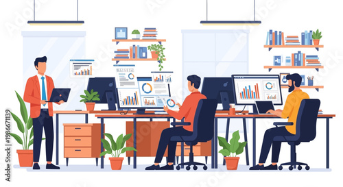 Office workers collaborating and analyzing data on computers.