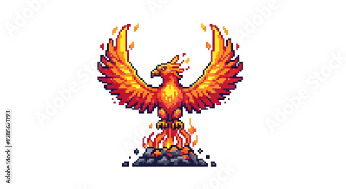 Majestic Fiery Phoenix Rising From Ashes Symbol.