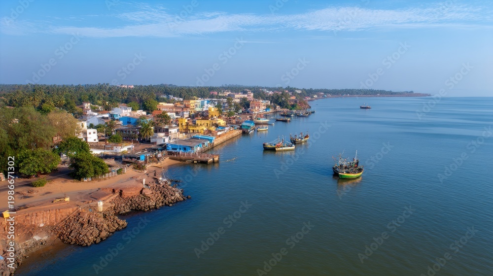 Fototapeta premium Aerial View of Coastal Town with Colorful Houses, Fishing Boats, and Calm Waters Under Clear Blue Sky