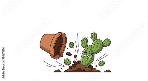 Distressed cactus character with an angry expression falls out of its overturned terracotta pot onto a pile of dirt and soil.