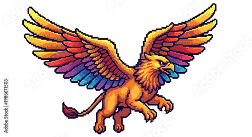 Majestic Griffin Creature with Colorful Wings in Flight.