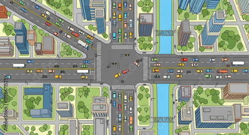 City Intersection Aerial View with Heavy Traffic and River.