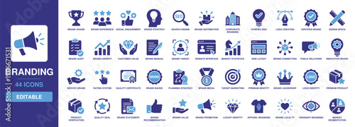 Branding icon set featuring solid glyph vectors for logo design, brand strategy, marketing target, corporate identity, quality certificate, premium product, and market statistics.
