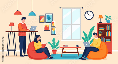 People working and reading in a modern coworking space.