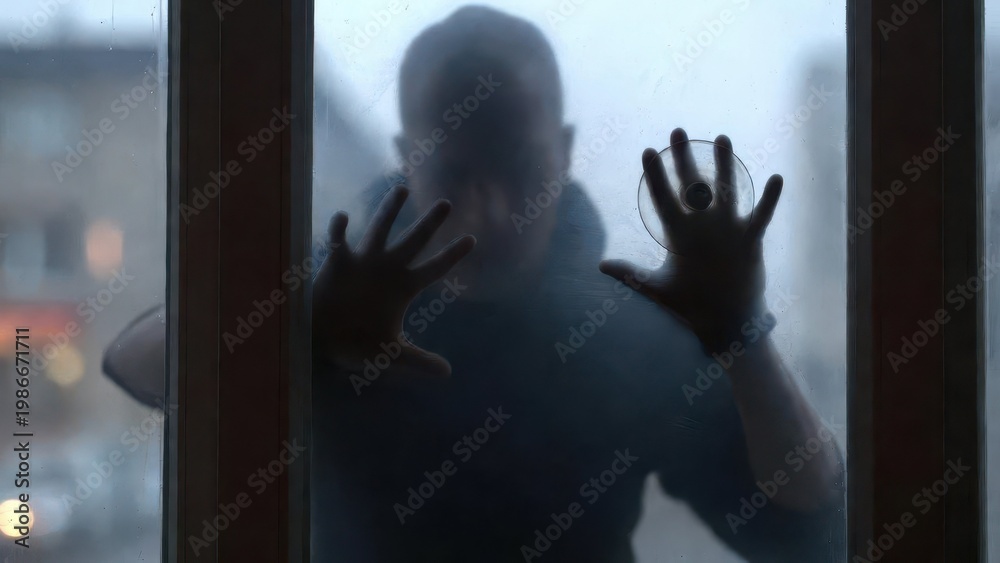 Fototapeta premium Silhouette of a Person Pressing Against a Foggy Window at Night
