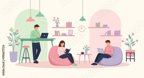 People working and reading in a modern co-working space.