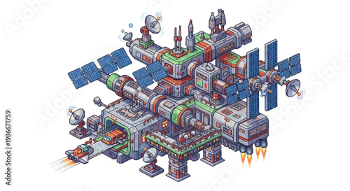 Futuristic Space Station Complex with Solar Panels and Rockets.