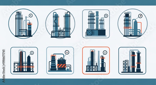 Illustrations of Industrial Plants and Refineries in Various Styles.
