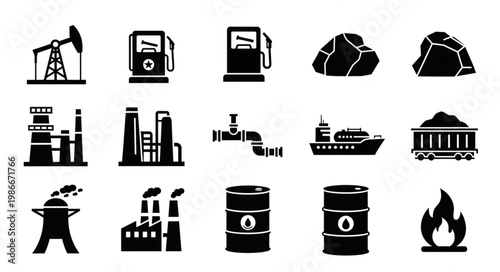 Set of black and white icons representing the oil and gas industry.